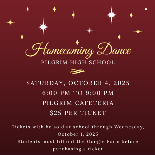 Red gradient background with stars and info about the Homecoming Dance