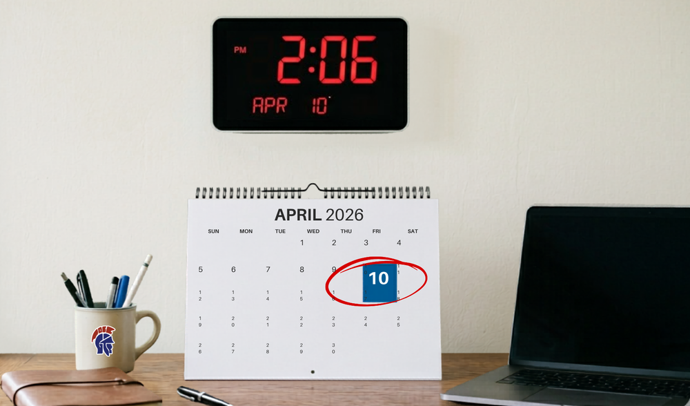 desk with calendar noting April 10 and clock noting 2:06pm