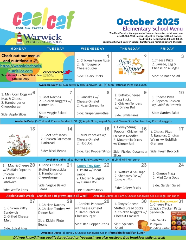 October 2025 lunch menu