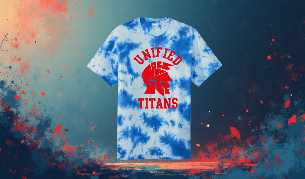 Blue and white tye dye T-shirt with Red lettering: Unified Titans with Toll Gate Logo in the center