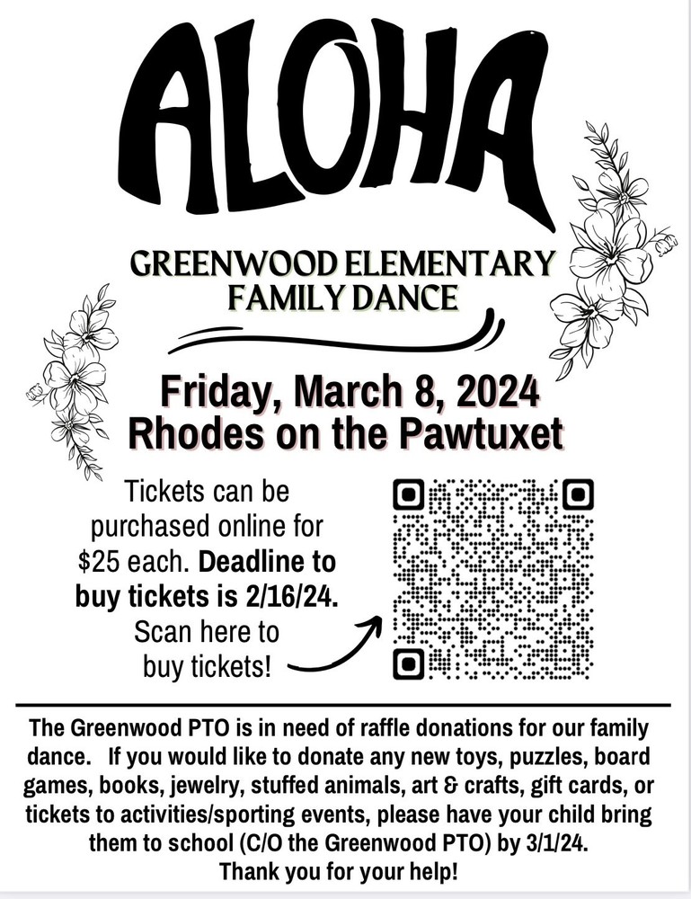 Black and white Family Dance Reminder. QR code to right. Aloha and flowers at top.