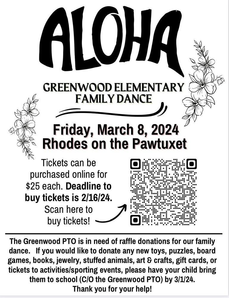 Black and white Family Dance Reminder. QR code to right.  Aloha and flowers at top.