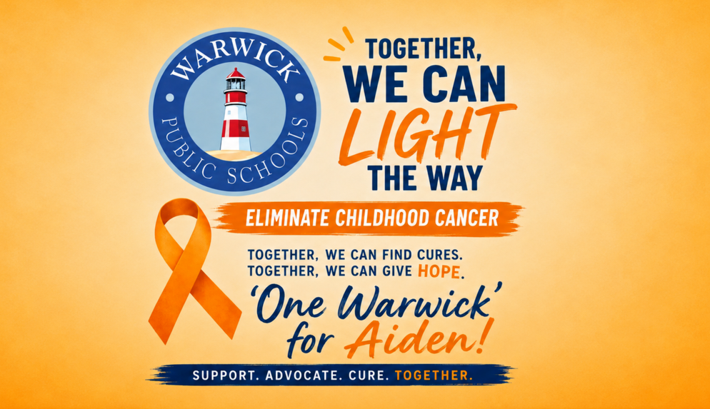 Flyer "Together, we can light the way, eliminate childhood cancer, together we can find cures, together we can give hope. One Warwick for Aiden! Support, advocate, cure, together"