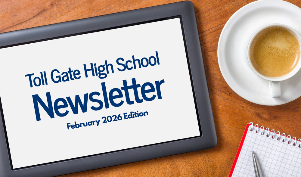 coffee cup and tablet with the  words Toll Gate Newsletter February 2026 edition