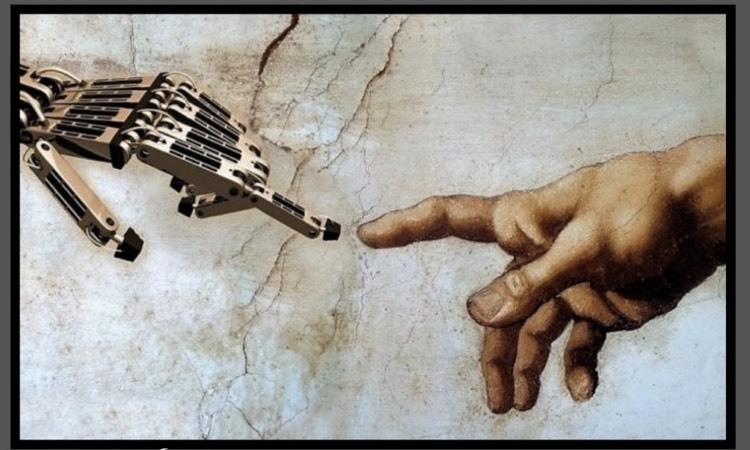 Robotic hand touching a human hand. 
