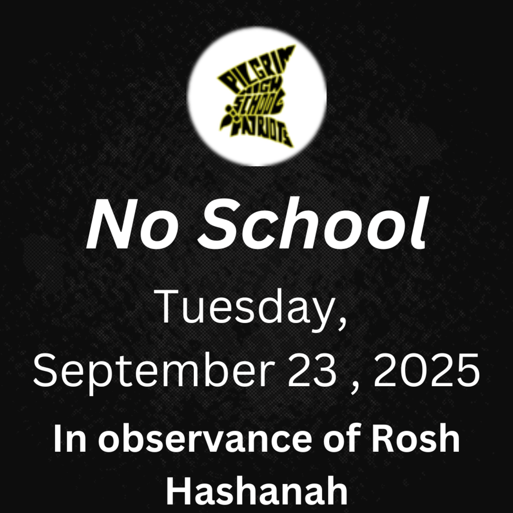 Black background with Pilgrim logo announcing no school due to Rosh Hashanah