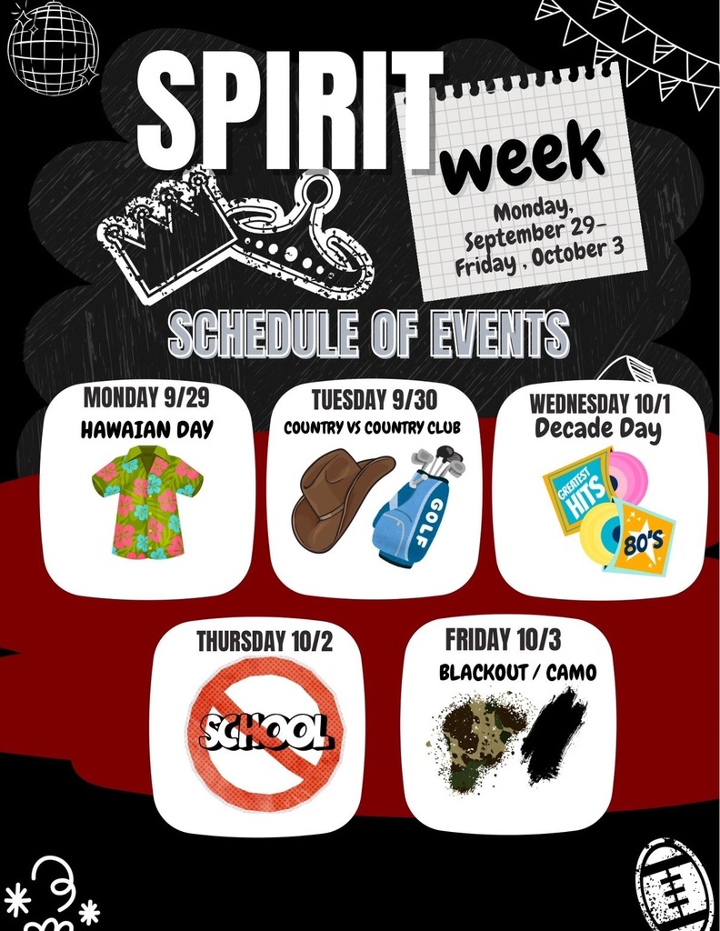 Red and black background with images of an Hawaiian shirt, cowboy hat, gold clubs, vinyl, no school symbol to signify spirit week