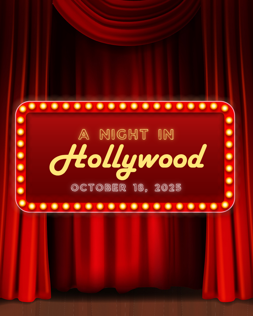 Graphic showing a stage with a red curtain and a lighted sign in front that says A Night in Hollywood October 18, 2025