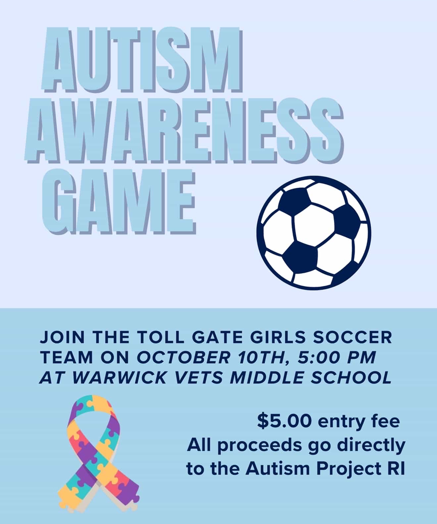 A flyer promoting the Toll Gate Girls Soccer Team's Autism Awareness Game on October 10th at 5:00 PM at Warwick Vets Middle School to benefit the Autism Project RI.