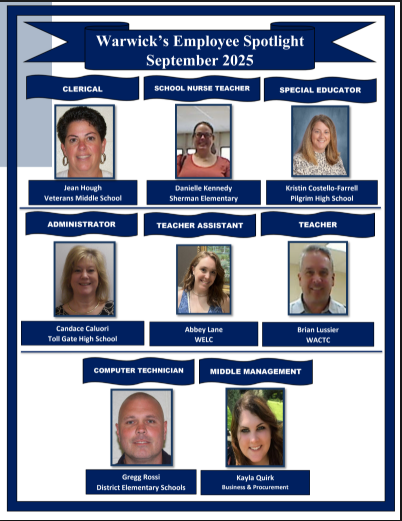 A graphic for "Warwick's Employee Spotlight September 2025," featuring the photos, names, and job titles of eight recognized employees from the school district.