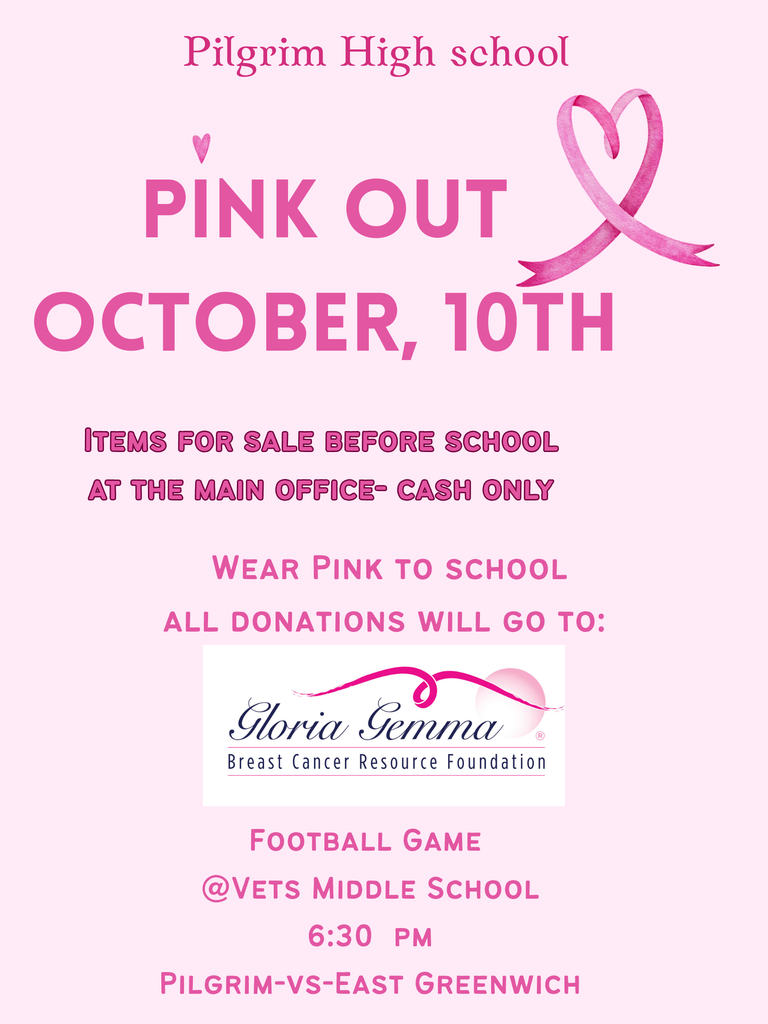 Pink background with Gloria Gemma symbol with information on Pink Out at Pilgrim