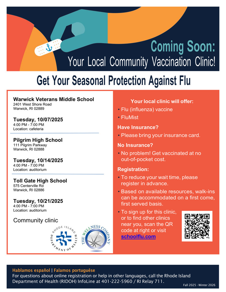 Informational flyer about community Flu clinics showing a hand holding a bandaid