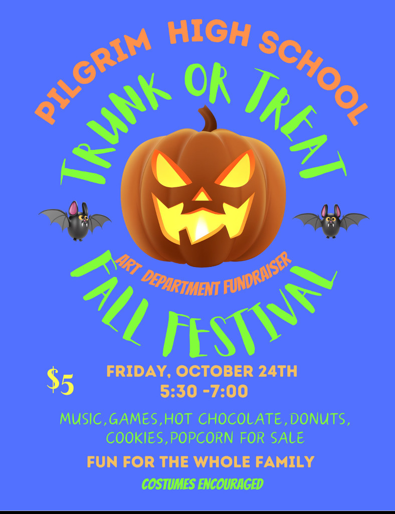 Blue background with jack-o-lantern and bats, information about trunk or treat