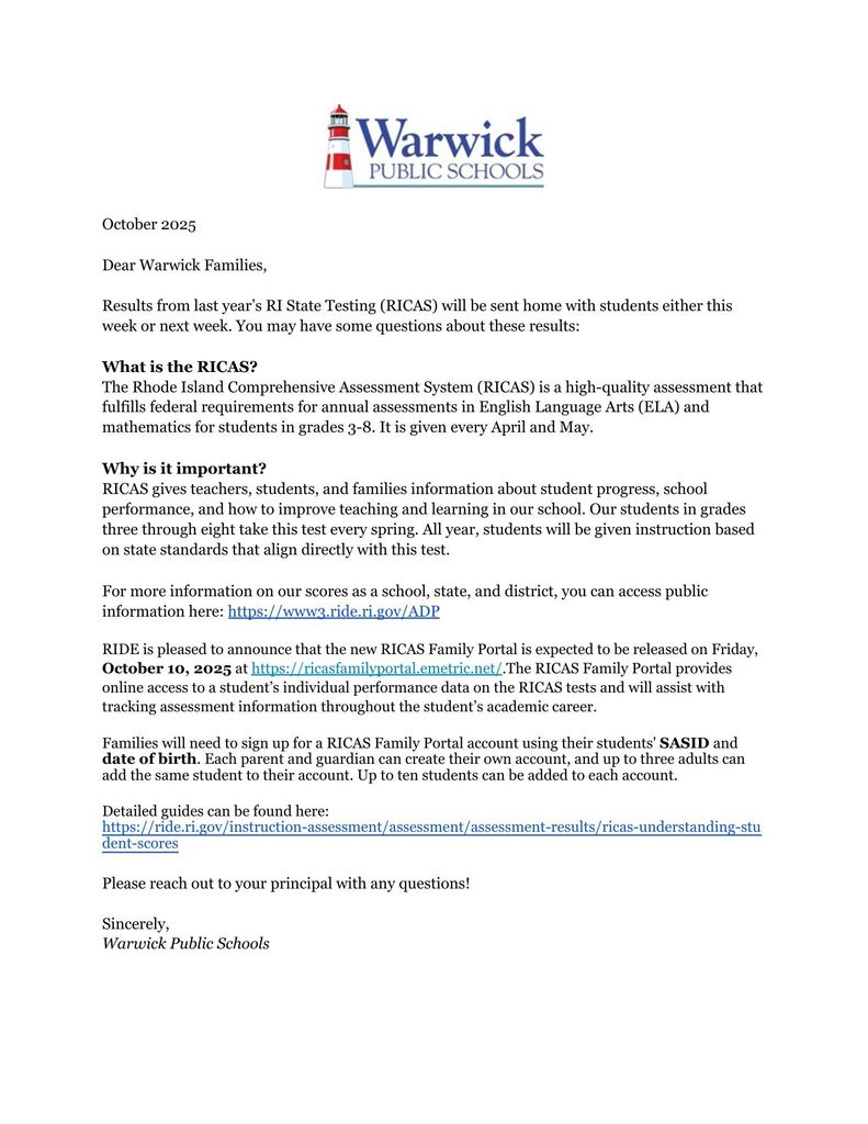 Letter to families for accessing RICAS scores