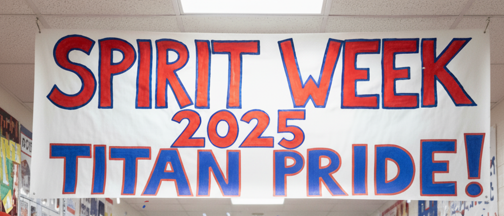 A banner hanging in a school hallway reads, "Spirit Week 2025 Titan Pride!"