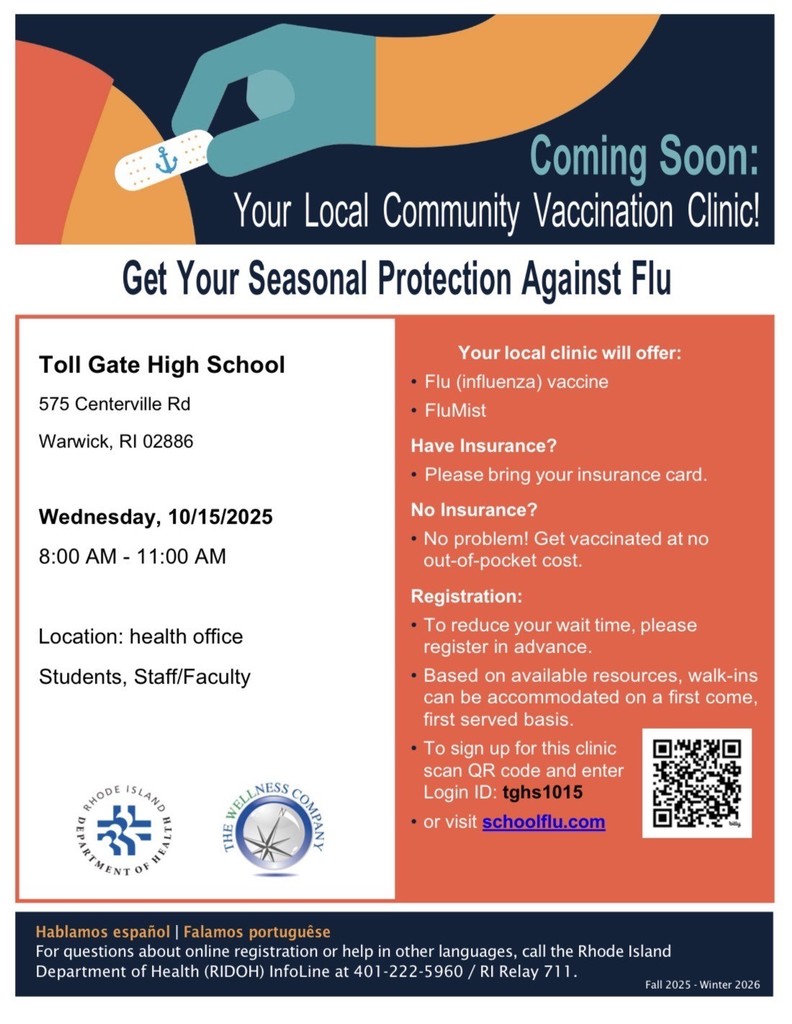 Flyer announcing a seasonal flu vaccination clinic for students, staff, and faculty at Toll Gate High School on Wednesday, October 15, 2025, from 8:00 AM to 11:00 AM in the health office.