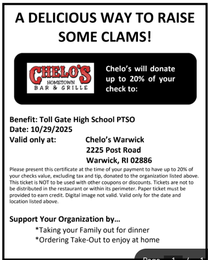 Toll Gate High School PTSO fundraiser on 10/29/2025, valid only at Chelo's Warwick, 2225 Post Road. Chelo's will donate up to 20% of your check. A paper certificate must be presented to earn credit; digital images are not valid.