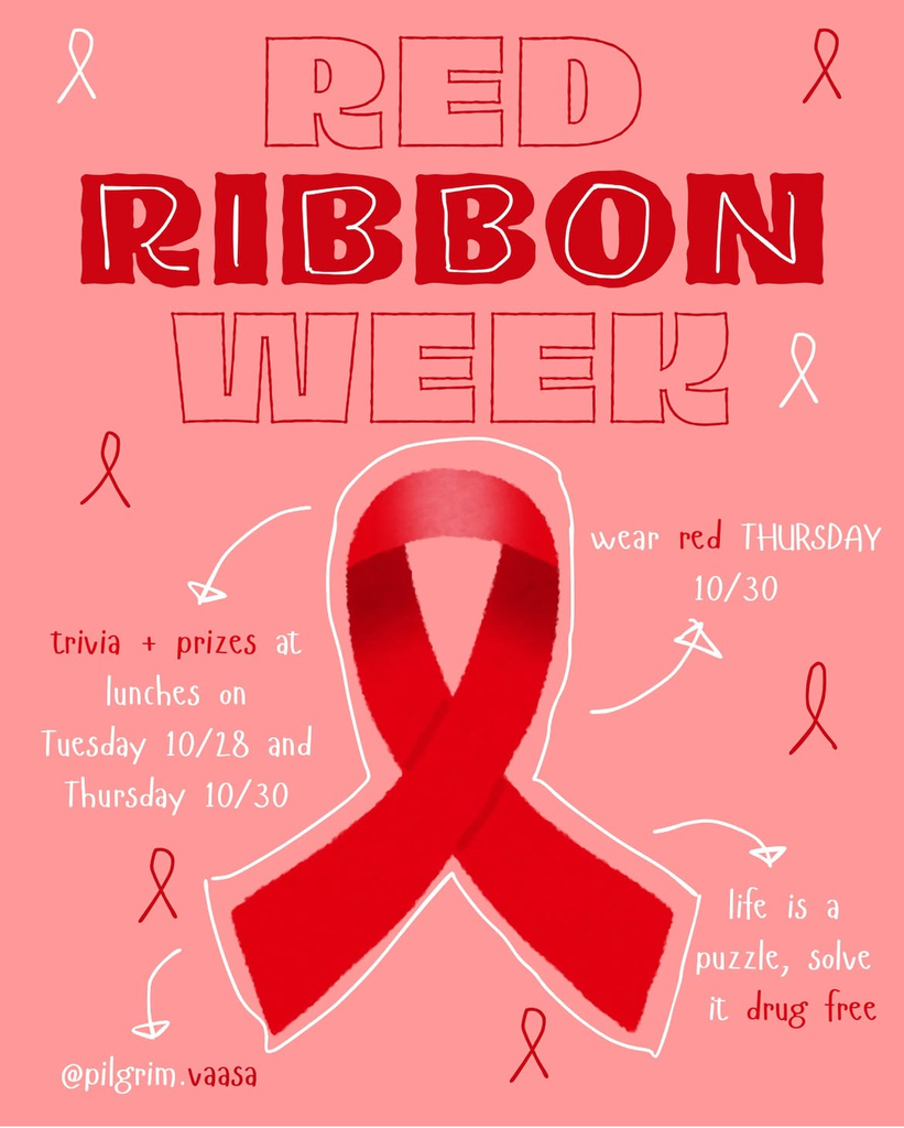Pink background with a red ribbon and information about red ribbon week
