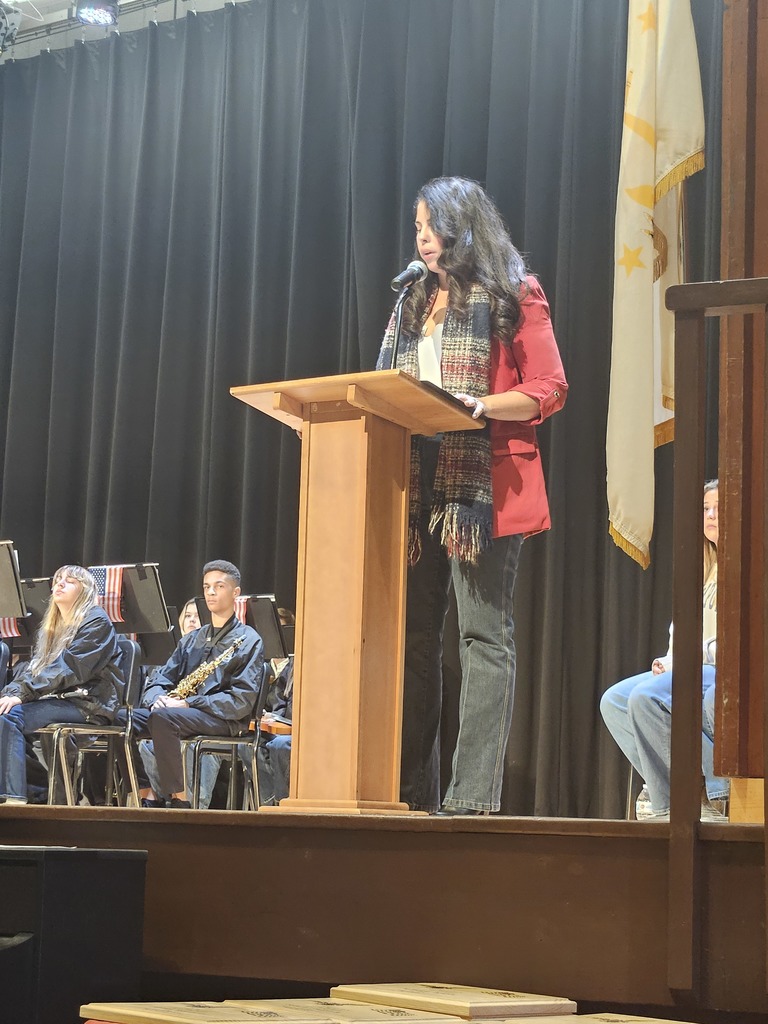 Modern World Languages teacher Marlena Deluca speaking at the podium