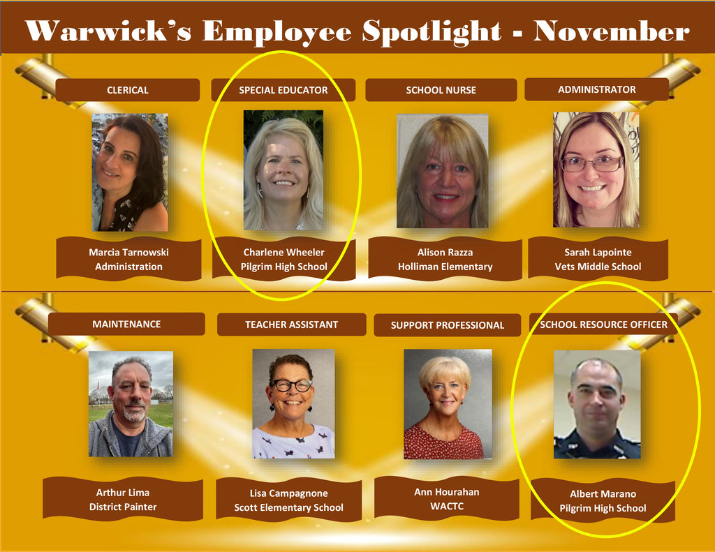Yellow background with images of Warwick Employees that received Spotlight of the month