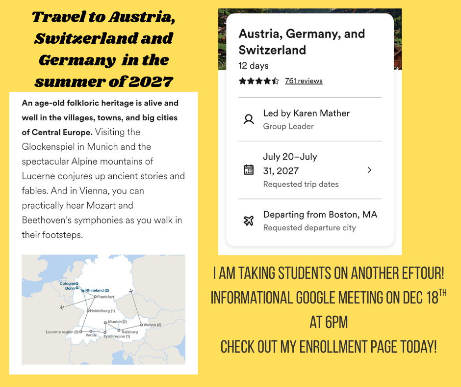 Yellow background with information about summer 2027 trip with map