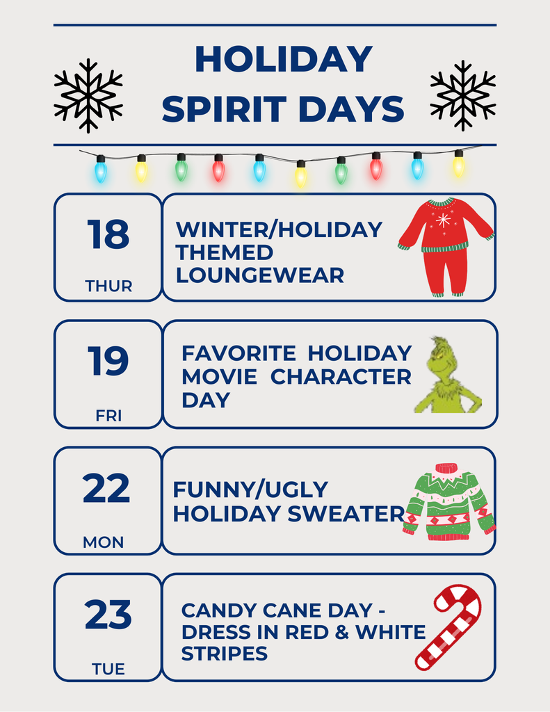 Flyer with themes listed by days (Dec 18-Dec 23)