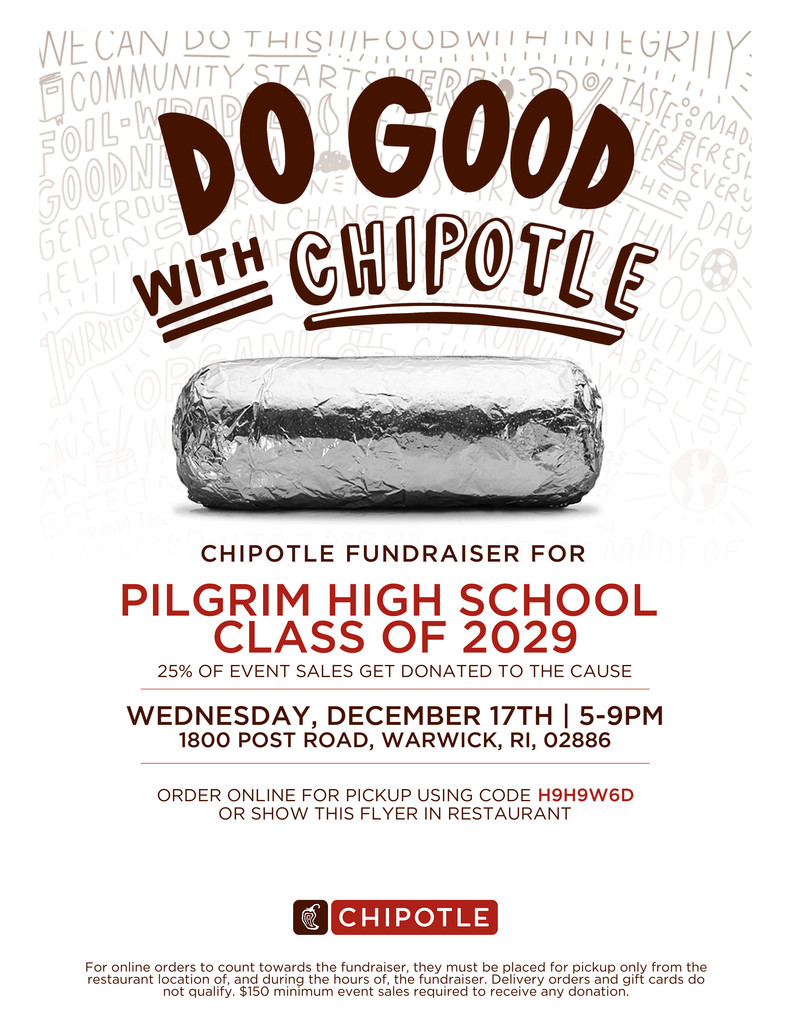 Image of a burrito wrapped in foil with info about Chipotle fundraiser