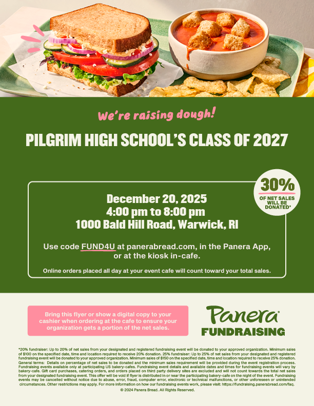 Green background with soup and sandwich and information about Panera Fundraiser