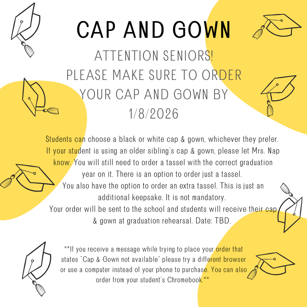 White and yellow background with graduation caps and information about ordering cap and gown