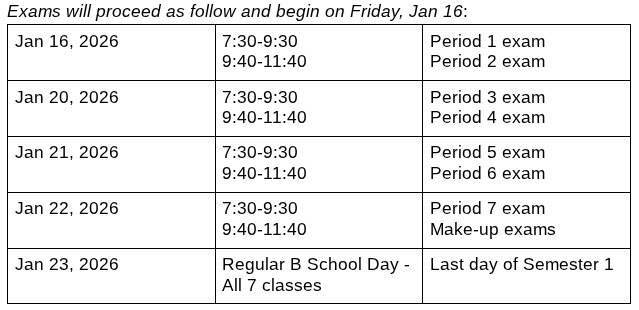 Table with the exam schedule laid out