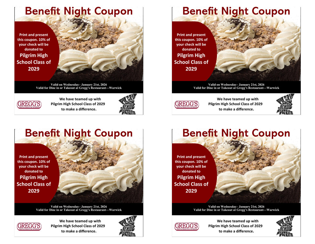 Image of a cream pie with the information about a fundraiser at Gregg's