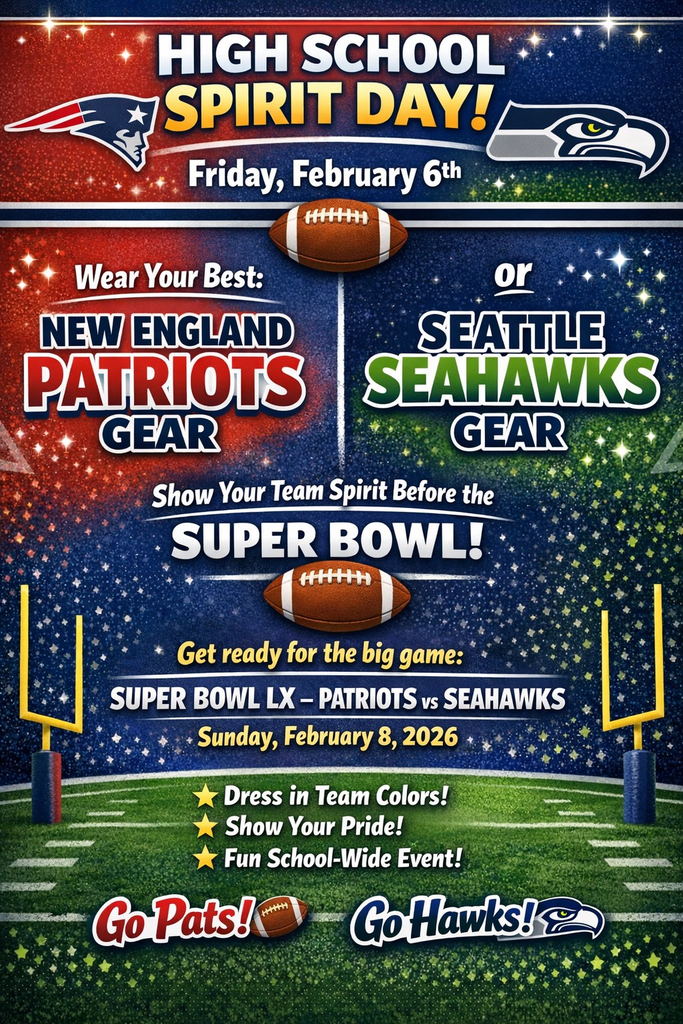 Image of a football field with information about wearing either Patriots or Seahawks gear