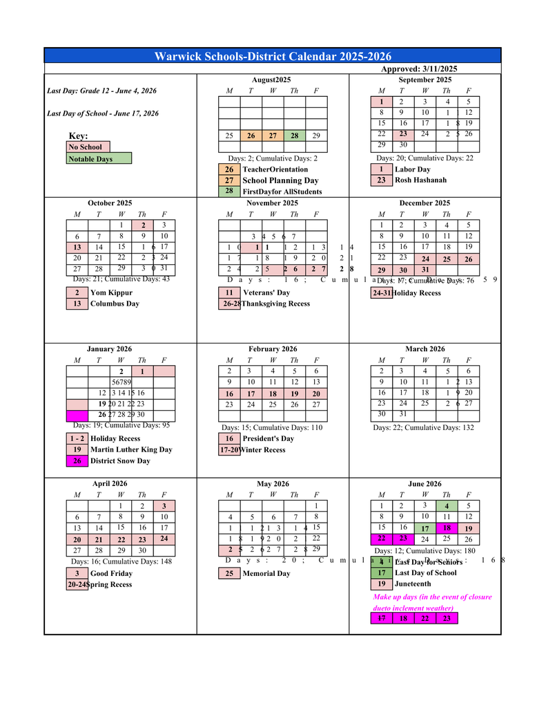 REVISED 2025-26 Warwick Public Schools Calendar - 25-26 Calendar