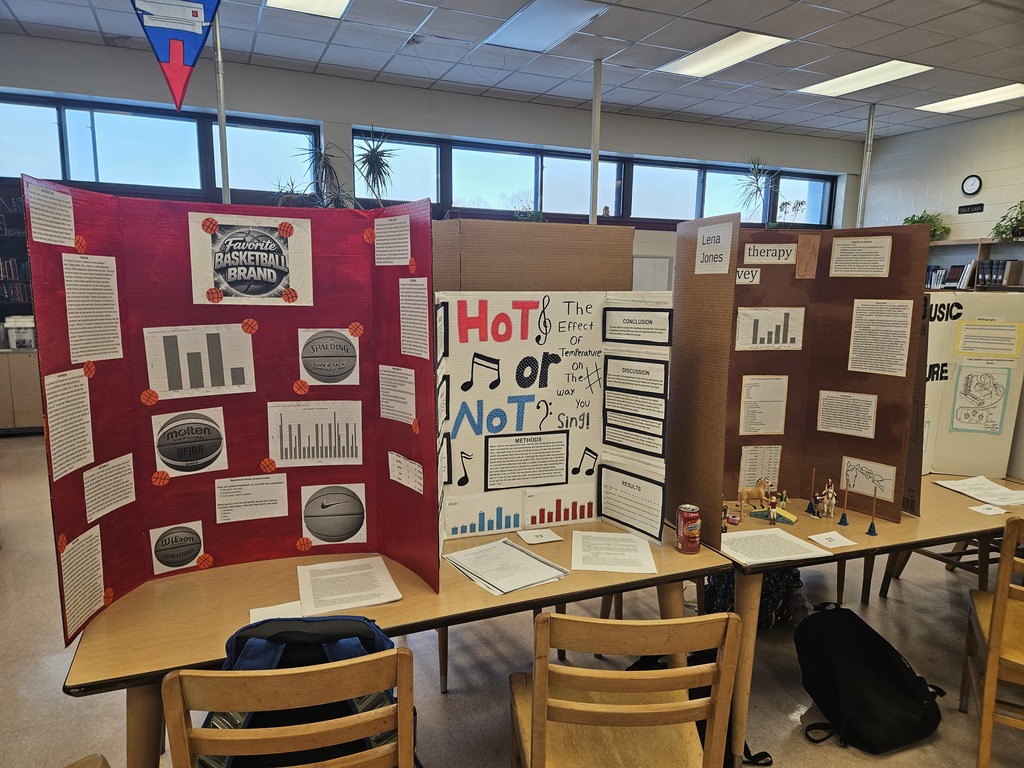 Trifold boards on tables with information about different science fair projects