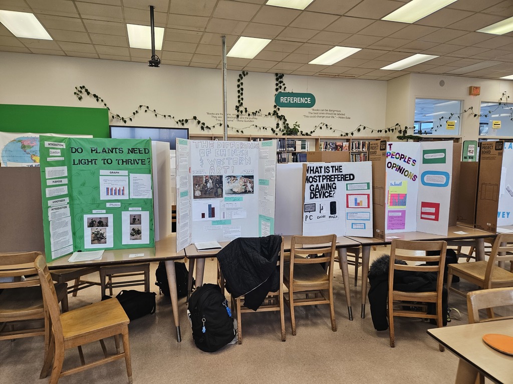 Trifold boards on tables with information about different science fair projects