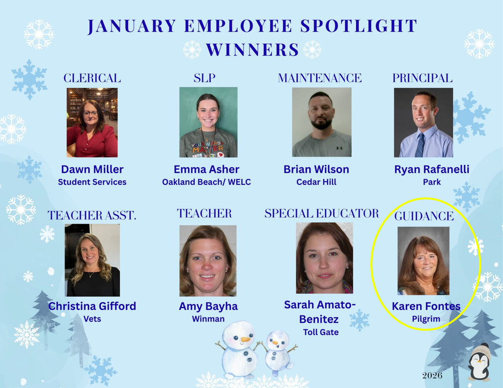 Blue snowy background with pictures of January Employee Spotlight Winners