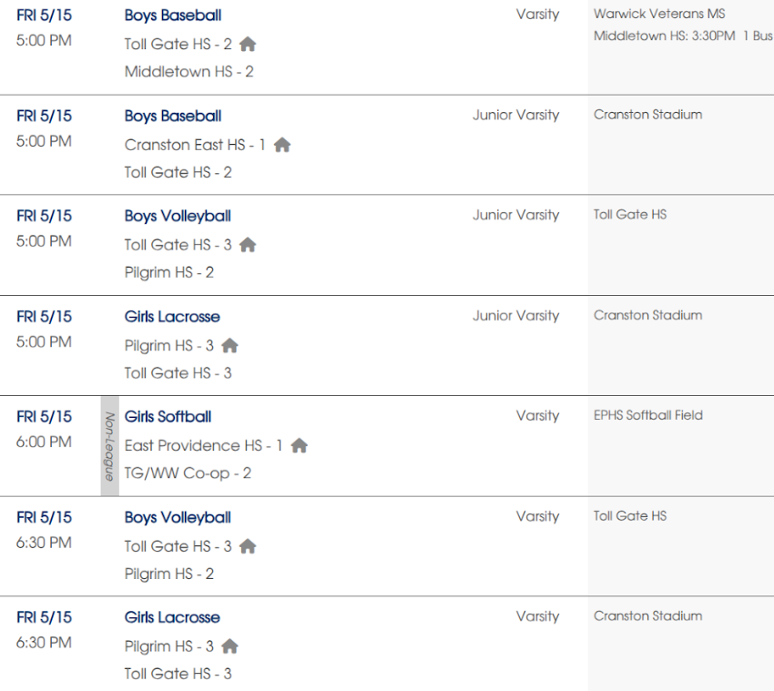 screenshot of RIIL schedule for TGHS Friday 5/15 showing 7 games including boys baseball, boys volleyball, girls lacrosse, and girls softball