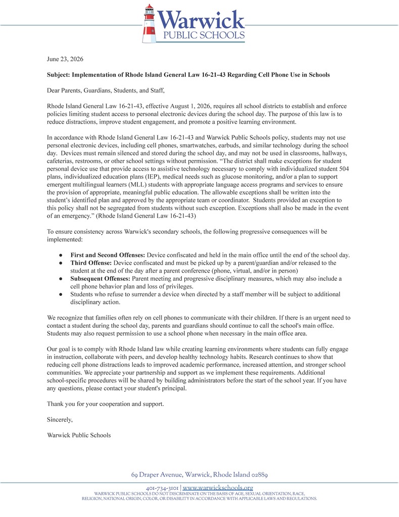 Implementation of Rhode Island General Law 16-21-43 Regarding Cell Phone Use in Schools