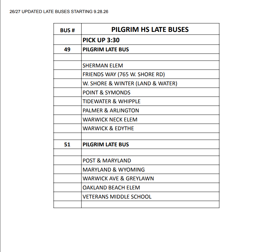 Seconday Late buses for Toll Gate and Winman