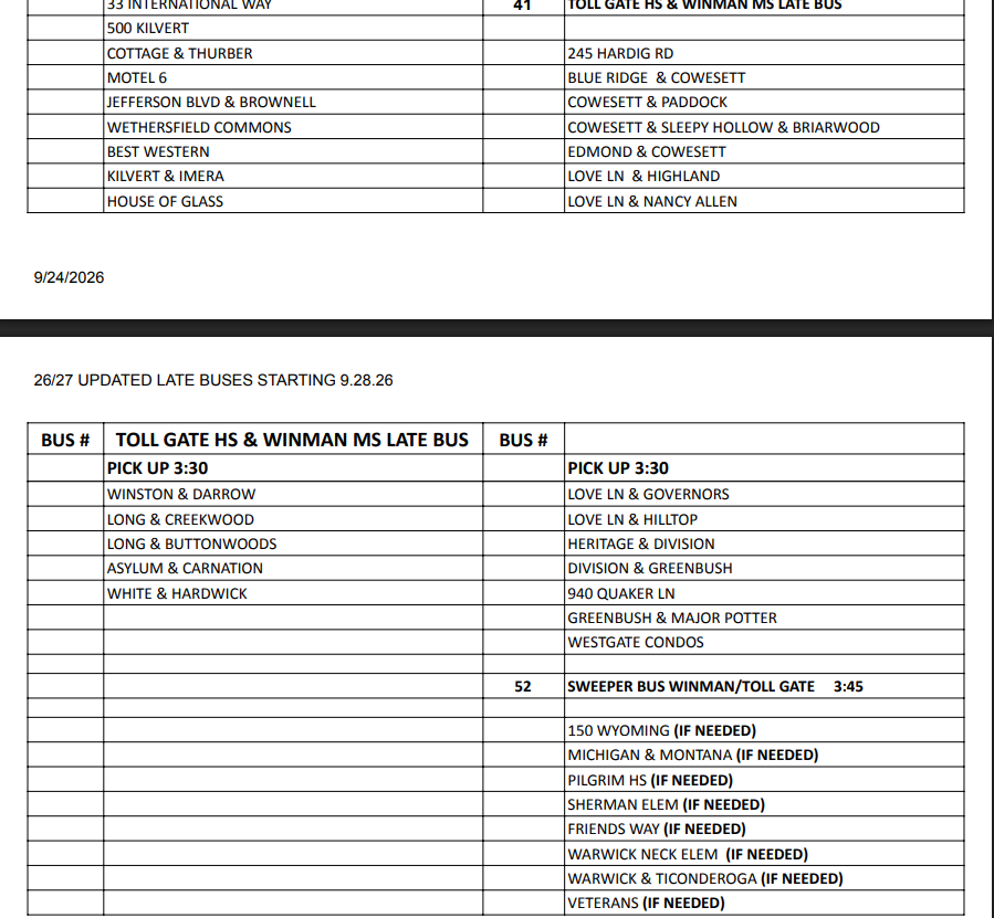 Seconday Late buses for Toll Gate and Winman