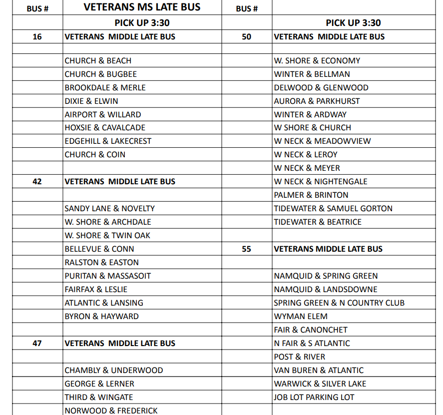 Seconday Late buses for Vets 