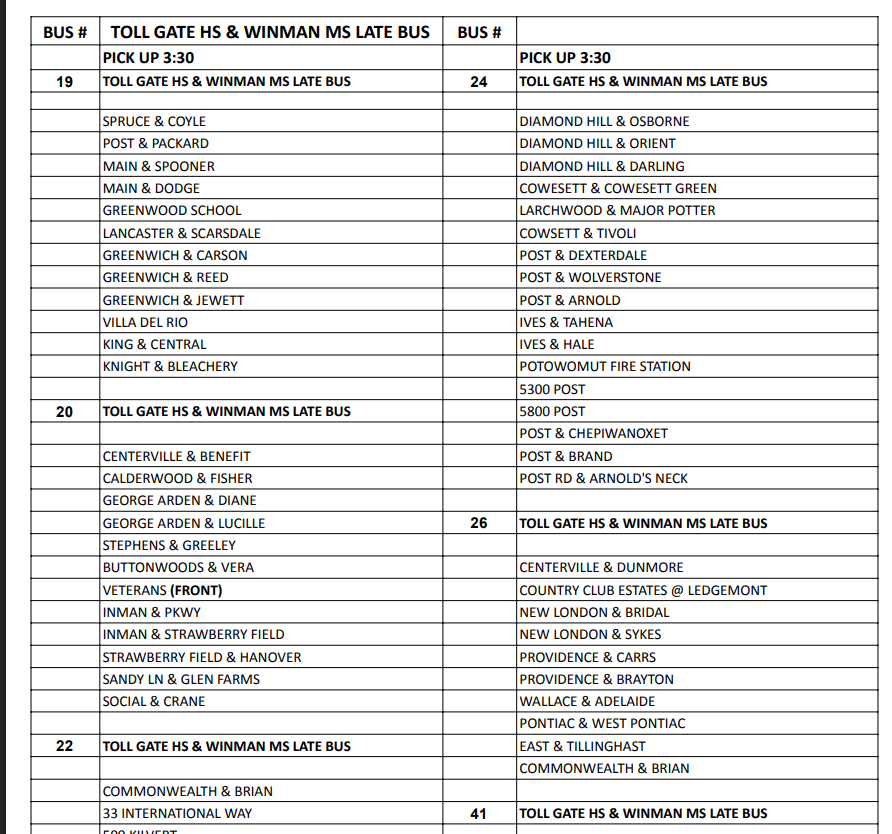Seconday Late buses for Toll Gate and Winman