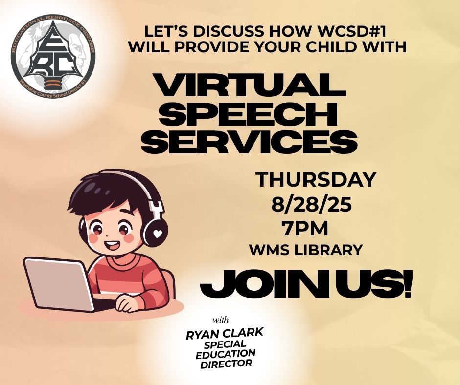 Virtual Speech Services meeting on Thursday, August 28th at 7pm at the WMS Library. 