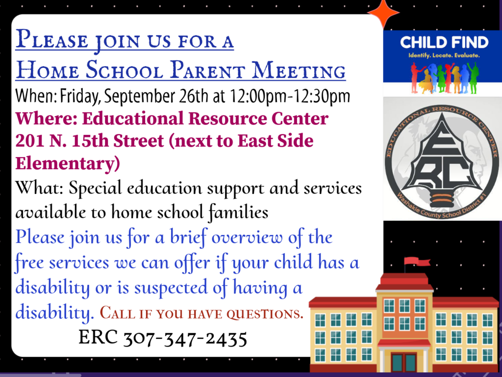 Homeschool and Child Find Meeting. Friday September 26th at the ERC in Worland WY.