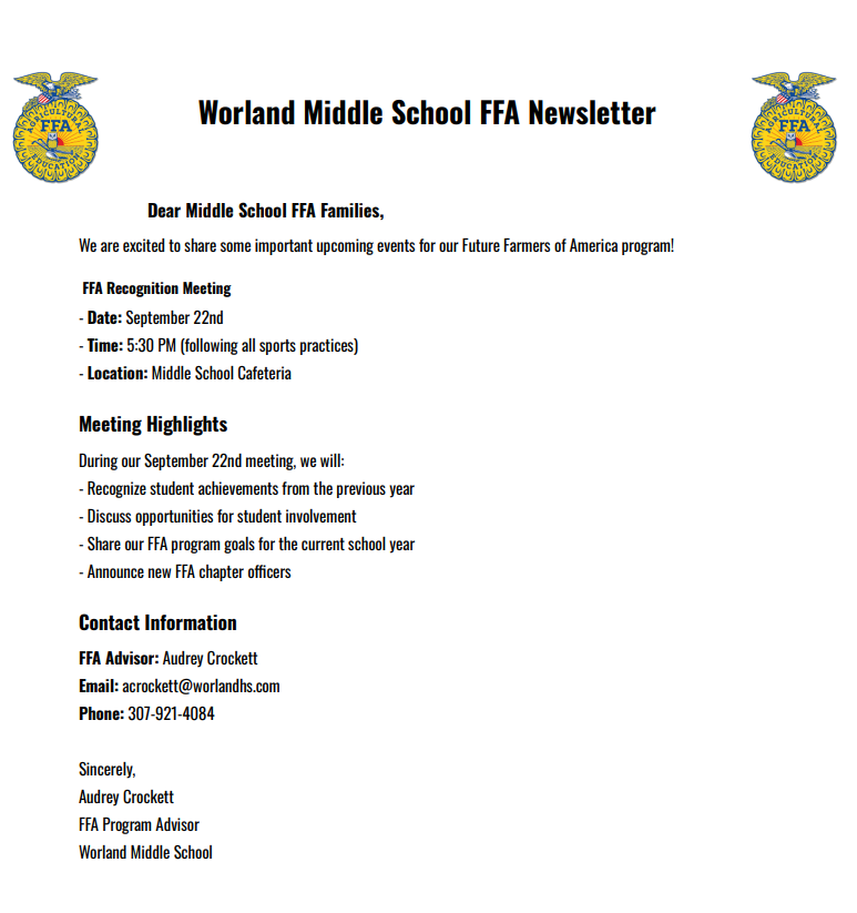 FFA Meeting Tonight at WMS