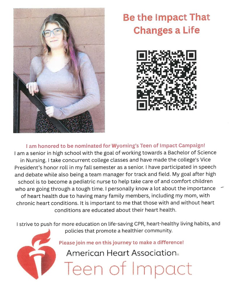 A student that was selected to be on the teen impact pannel for the American Heart Association. A QR code is linked to the image so that she can collect donations.