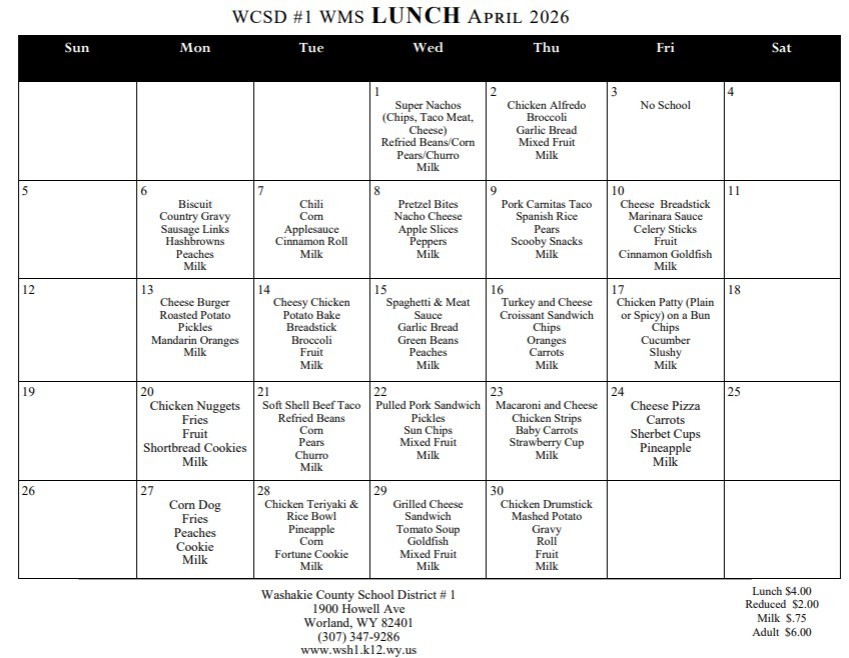 April 2026 Lunch Menu