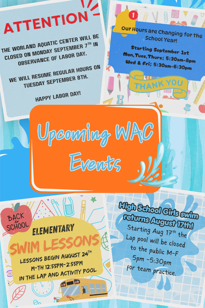 A collage flyer for the Worland Aquatic Center upcoming events for August and September