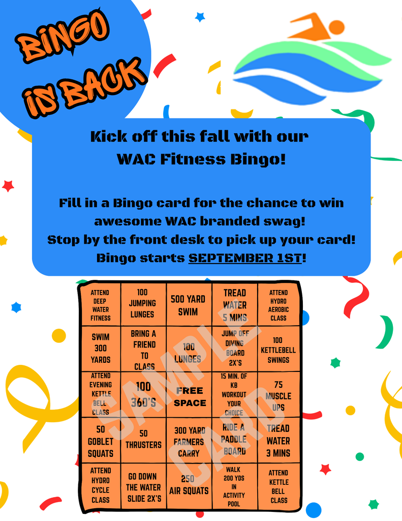 flyer for fitness bingo competiton beginning Septmeber 1st at the worland aquatic center