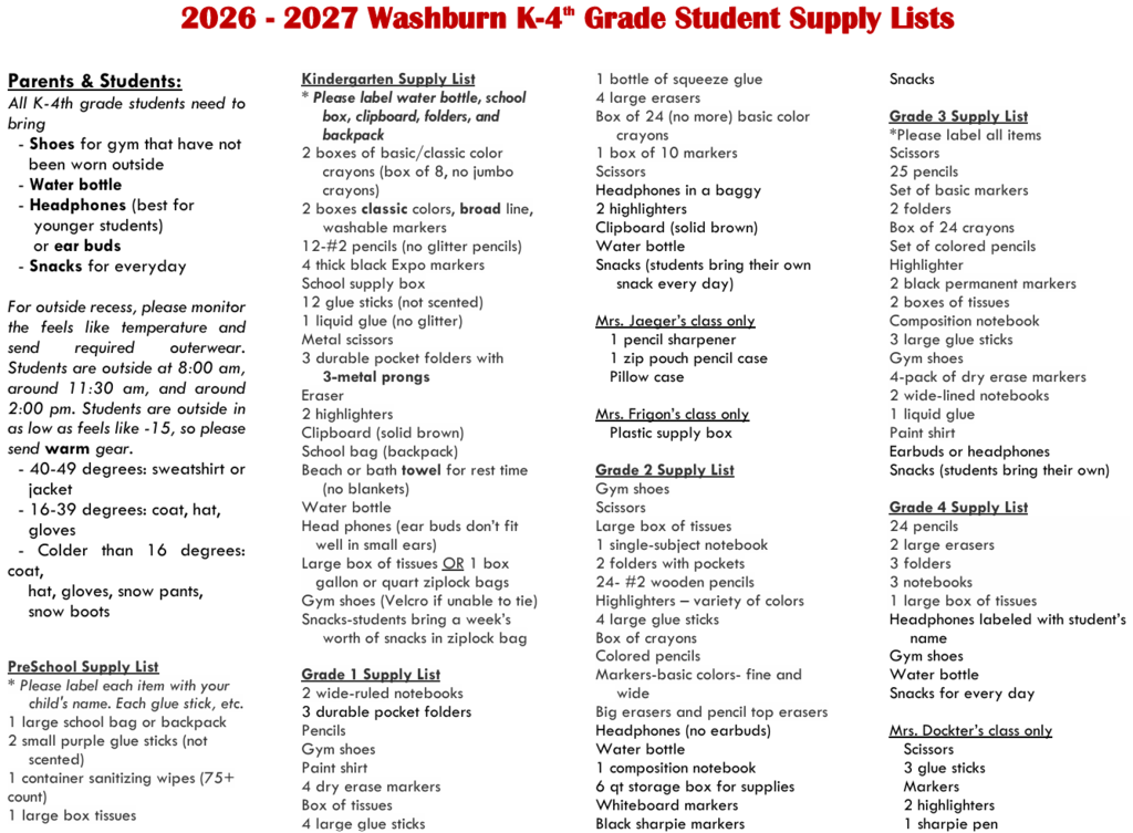 School supply list